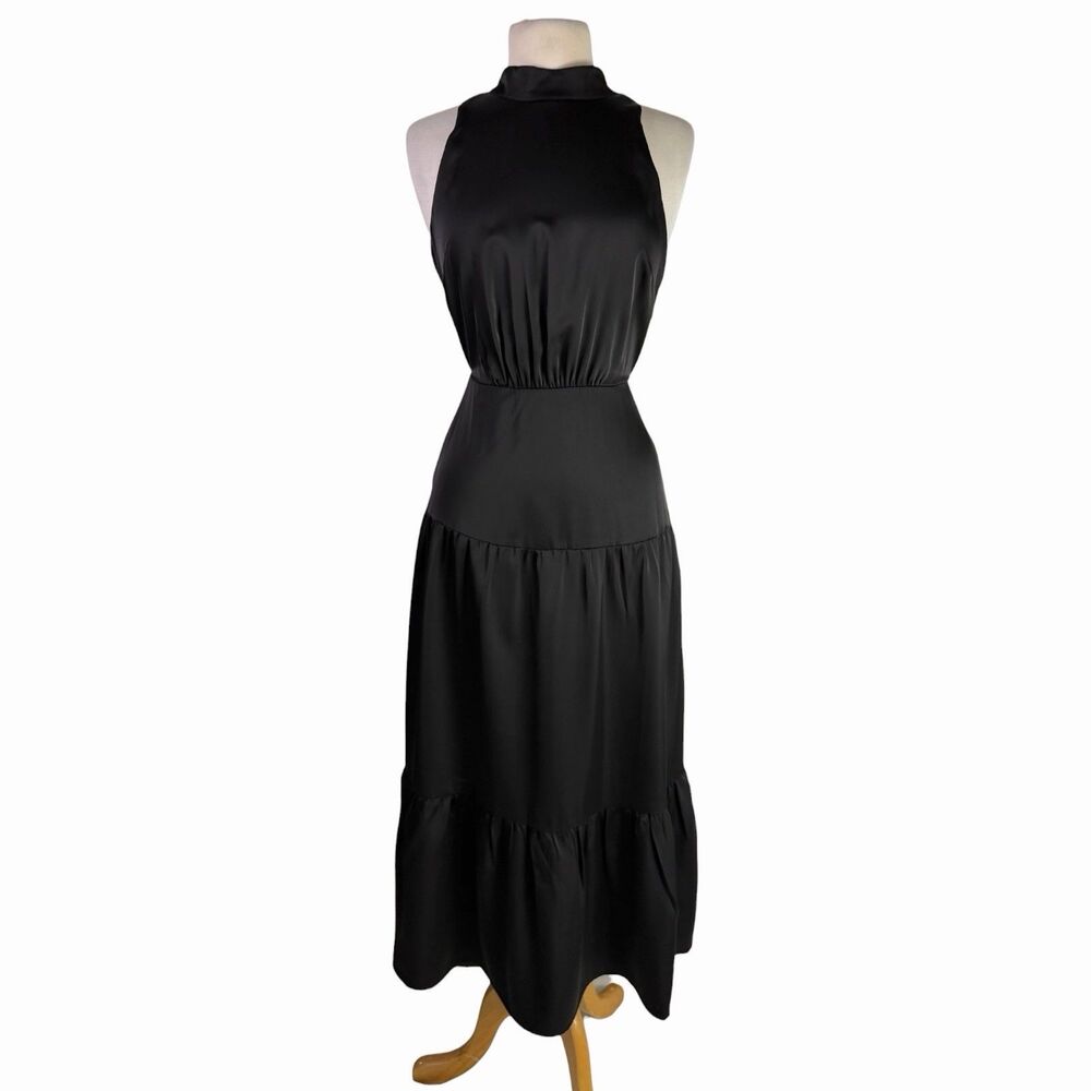 Sam Edelman Black Satin Mock Neck Tiered Midi Dress Sleeveless Cocktail Party 6